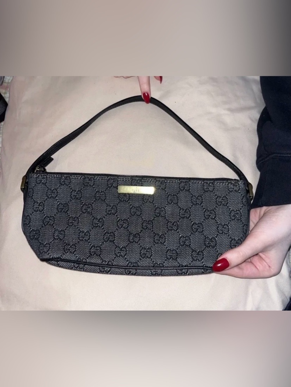 Gucci Black Monogram Mini Shoulder Bag with Gold Plaque